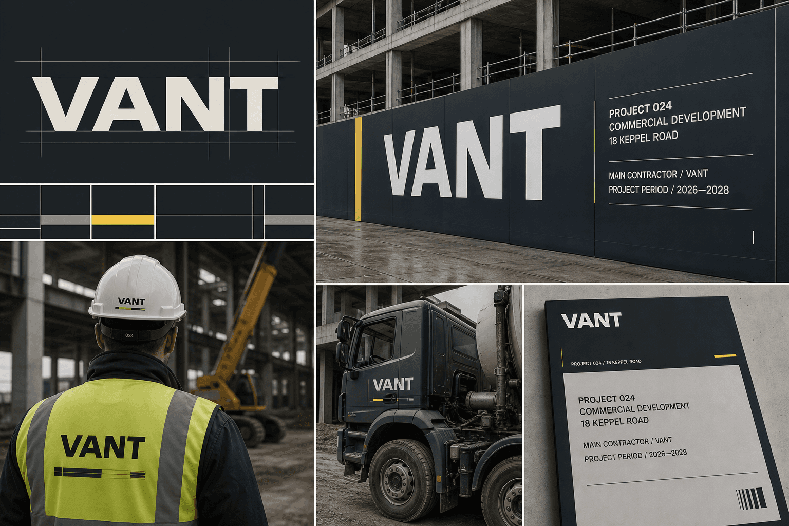 Vant commercial construction identity with structural wordmark, project hoarding, workwear, truck and project document